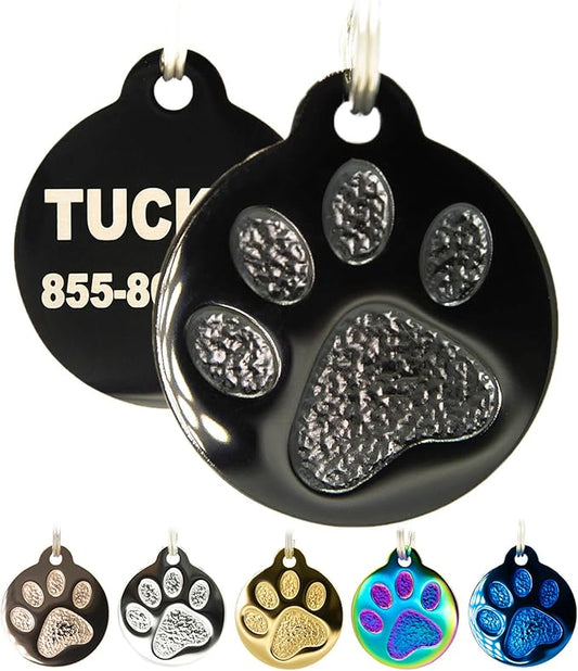 Engraved Pet Tag for Dogs and Cats - Personalized Front & Back up to 4 Lines of Text Custom Engraved ID, Round Paw Print Solid Plating Stainless Steel Black Regular