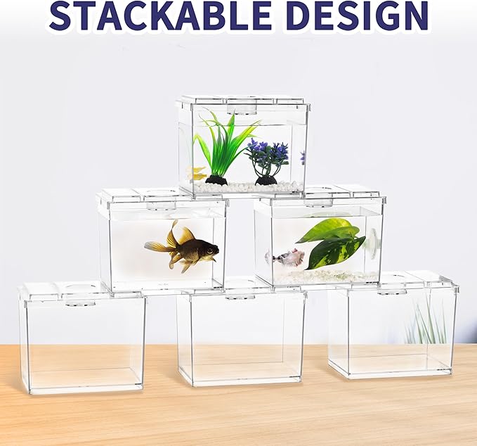 Mini Betta Fish Tank, Small Fish Bowl for Temporary Space, 0.2 Gallon Stackable Cube Tank with Artificial Plants and Gravels for Small Fish, Insect, Shrimp, Crab, Spider. (Pack-1)