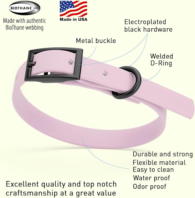 Dogline Biothane Waterproof Dog Collar Strong Coated Nylon Webbing with Black Hardware Odor- Proof for Easy Care Easy to Clean High Performance Fits Small Medium or Large Dogs, Pastel Purple