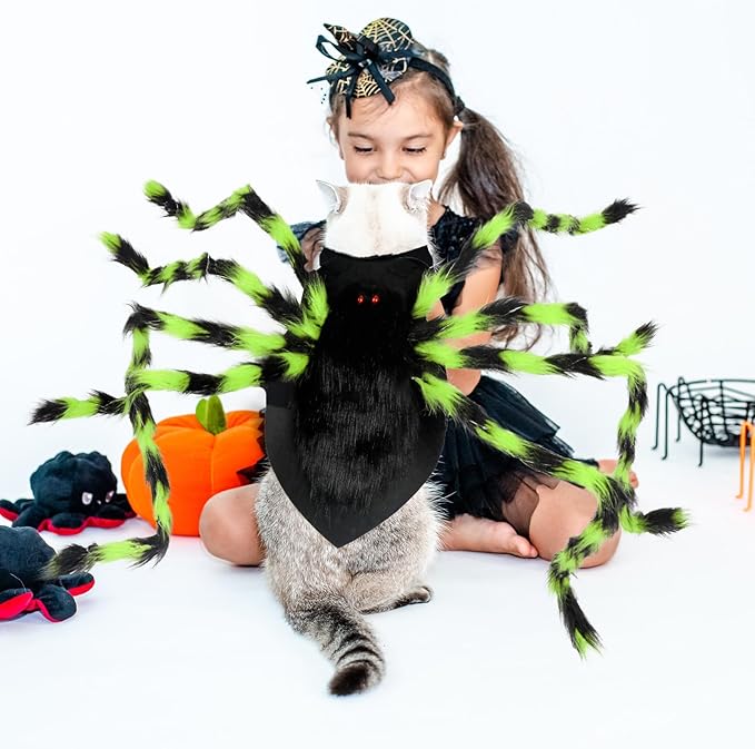 Dog Halloween Costumes, Furry Dog Spider Costume with 64 LED, Giant Spider Halloween Costume for Medium Large Dogs, Funny Dogs Costumes for Cat Pet Halloween Party Cosplay (Green)