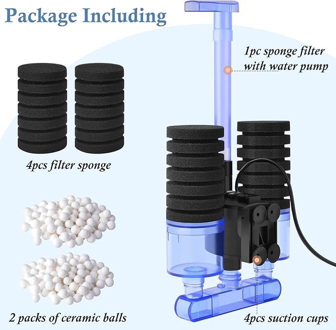 FEDOUR Aquarium Sponge Filter with Water Pump, Quiet Electric Biochemical Filter, with 4pcs Filter Sponge and Ceramic Balls, for up to 40Gallon Fish Tank, Turtle Tank, Shrimp Tank