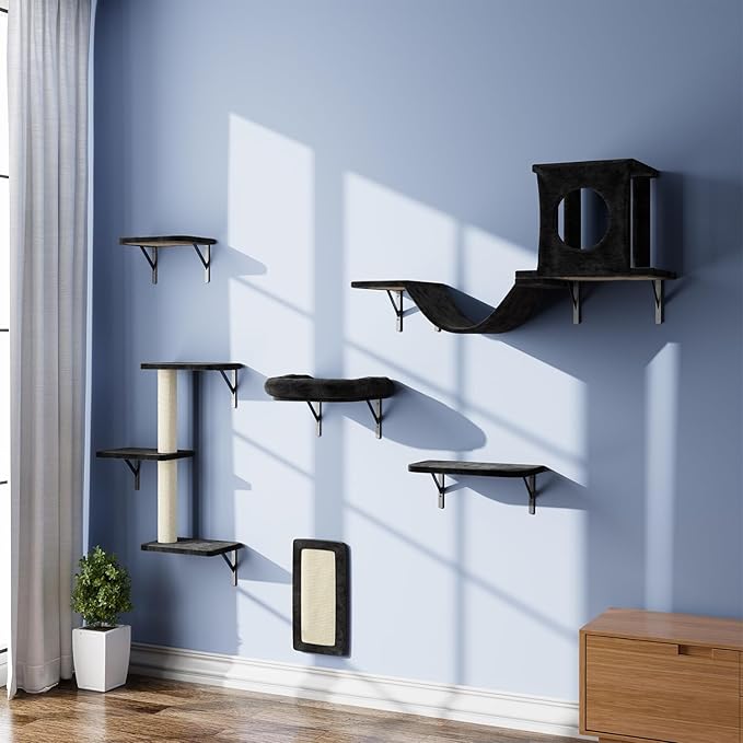 NUNU LAB Wall Mounted Cat Climber Set, 6 Pcs Cat Furniture Set with House, Bridge, Steps, Scratcher Board and Hammock, Shelves for Indoor, Luxury Walls Furniture(Black)