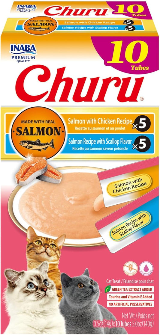 INABA Salmon Churu Cat Treats, Lickable, Squeezable Creamy Purée Cat Treat with Green Tea Extract & Taurine, 0.5 Ounces Each Tube, 10 Tubes, Scallop & Chicken Variety