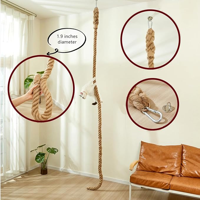 SHENGOCASE 1.9" x 8.9Ft Cat Climbing Jute Rope for Ceiling with Hook, Wall Mounted Furniture for Indoor and Outdoor Cats, Cimbing Pole (8.9 Feet)