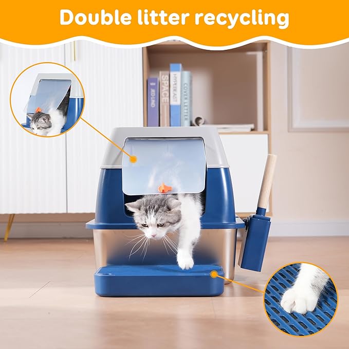 Enclosed Stainless Steel Litter Cat Box with Lid for Big Cats, Top Entry Covered Jumbo Metal Tray, Extra Large, High Sides, Durable, Anti Leakage, Odorless, Non-Sticky, FOXORU