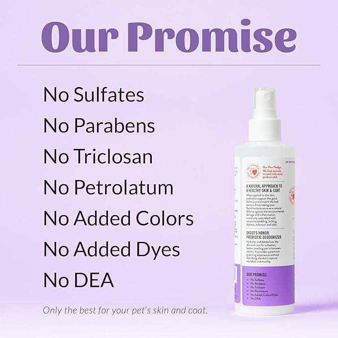 SKOUT'S HONOR Pet Probiotic Deodorizer Spray- Hydrating Daily-Use with Avocado Oil & Omega-3s, Microbiome Friendly Certified, Paraben & Sulfate-Free, 97% Natural, 8oz, Lavender, 2-Pack