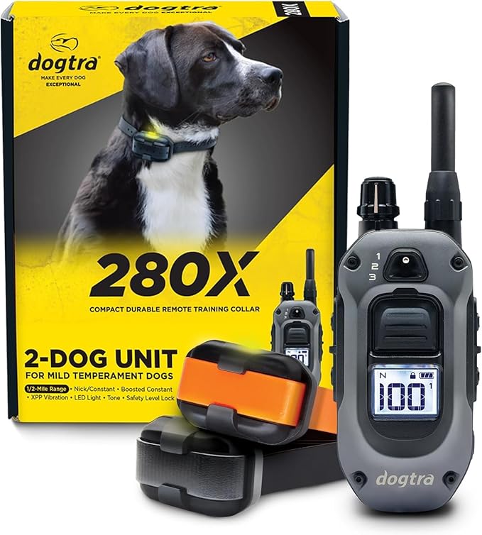 Dogtra 280X 2-Dogs E-Collar with Remote [New Edition] 10 lbs+, 1/2 Mile Range, LED Light, 100 Levels of Control for Stubborn Dogs, Waterproof, Boost for Quick Recall, Vibration, Safety Lock & Tone