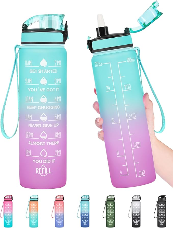 Enerbone Water Bottle, Leakproof BPA & Toxic Free, Motivational Water Bottle with Times to Drink and Straw, Fitness Sports Water Bottle with Strap for Office, Gym, Outdoor Sports