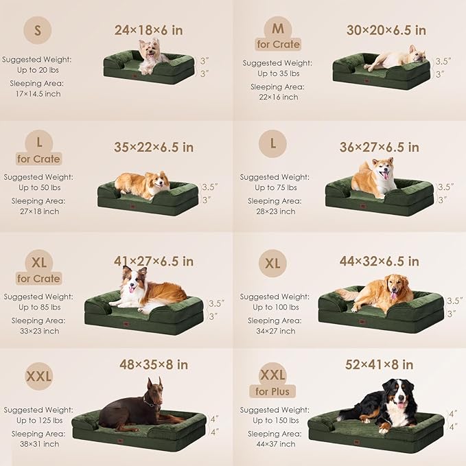 EHEYCIGA Orthopedic Dog Beds for Extra Large Dogs, Waterproof Memory Foam XXL Dog Bed with Sides, Non-Slip Bottom and Egg-Crate Foam Big Pet Couch Bed with Washable Removable Cover, Dark Green