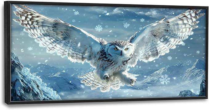 Framed Large Snowy Owl Wall Art for Living Room, Oversized Snowy Mountain Wall Decor Landscape Canvas Painting Modern Artwork Home Decoration for Living Room Bedroom Office 60"x30"