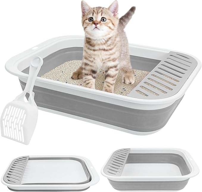 Fhiny Cat Litter Box Portable Shallow Litter Box 17.7"x13.4"x4.9" Foldable Cat Toilet with Scoop Open Kitty Potty Pan with Litter Drop Pedal Easy to Clean Travel Kitten Toilet(Gray)