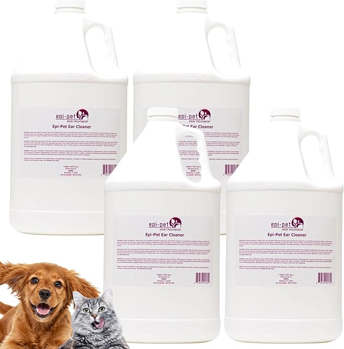Dog & Cat Ear Cleaner Solution with Aloe Vera & Tea Tree Oil – Removes Itchy Ear Wax, Debris, Odor – Ears Wash, Drops & Flush for Pets, Dog Ears Cleaning, Cat Cleaner, 16 oz- 4 Gallons