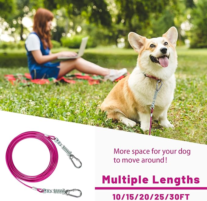 Dog Tie Out Cable - 10/15/20/25/30FT Heavy Duty for Large Dogs Up to 250LBS - Rosy Pink/Blue/Purple/Silver/Red/Green/Yellow