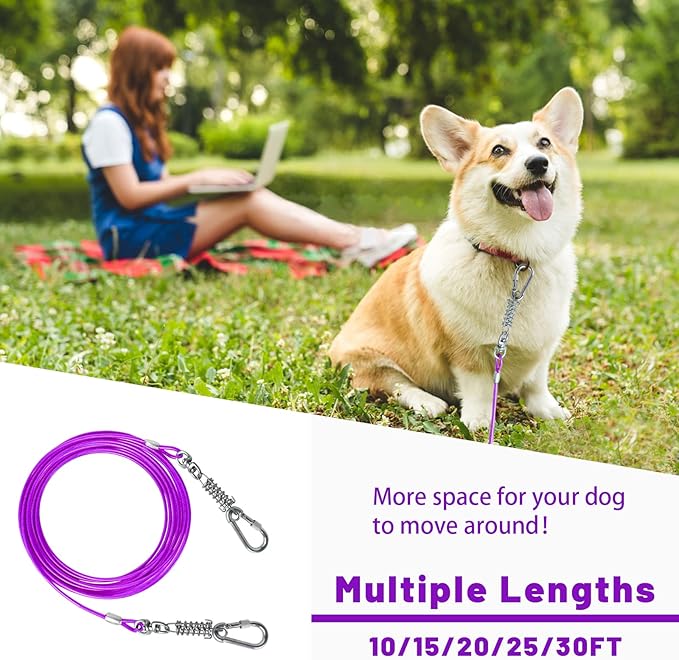 Dog Tie Out Cable 10/15/20/25/30FT Dog Run Cable Rosy Pink/Blue/Purple/Silver/Red/Green/YellowTie Out Cable for Large Dogs Heavy Duty for Outside Hold Large Dogs Up to 250LBS