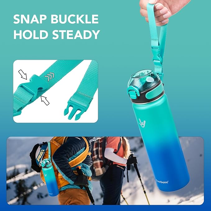 Enerbone 24 oz Insulated Water Bottle, Stainless Steel Bottle with Carrying Strap, Double-Wall Vacuum Insulation Design, Leakproof Sports Bottle with Straw, Keep Drinks Cold or Hot for Hours