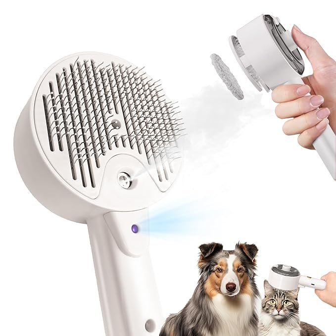 Cat Steam Brush For Shedding, Steamy Dog Grooming Brush With 2-Speed Spray, Blue Light And Release Button, Rechargeable Water Pet Hair Brushes Wet Self Cleaning Cat Spa Brush Cat Comb (White)