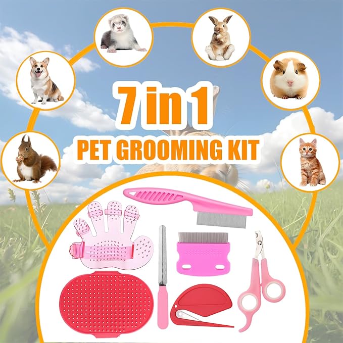 Rabbit Grooming Kit – Bunny Grooming Kit with Shedding Brush, Nail Clippers & Comb – Small Animal Grooming Supplies for Rabbits, Guinea Pigs, Hamsters, Ferrets - Small Pet Shedding & Care (Pink)