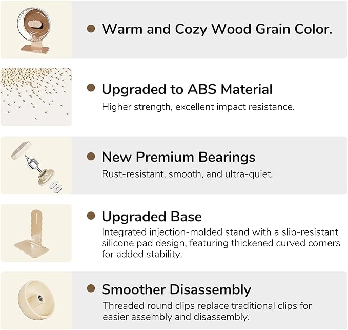 Silent Hamster Wheel 10.5 Inch Dual-Bearings Quiet Running Exercise Wheels with Wood Grain Backboard, Height Adjustable for Syrian Hamsters, Gerbils, Mice, Hedgehog, Lemmings, Warm Brown