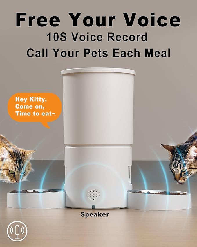 Dual Automatic Cat Feeder 2 Cats,6 Meals/Day,12 Portions/Meal,4.2L Dual Power Double Bowls Feeder,Dry Food Auto Pet Dispenser,10S Voice Record,Flexible Schedule Timer(White,Stainless Dual Bowls)