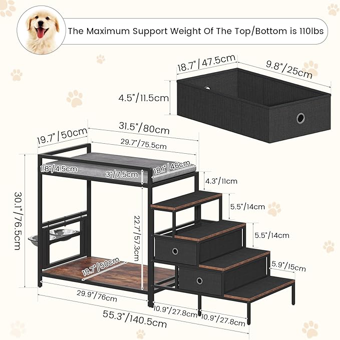 Dog Window Perch with 360° & Adjustable Raised Feeder, Pet Bunk Bed with Removable Stair and 2 Drawers, Elevated Platform Bed, Pet Elevated Seat with Cushion, Paw-Friendly Ladder