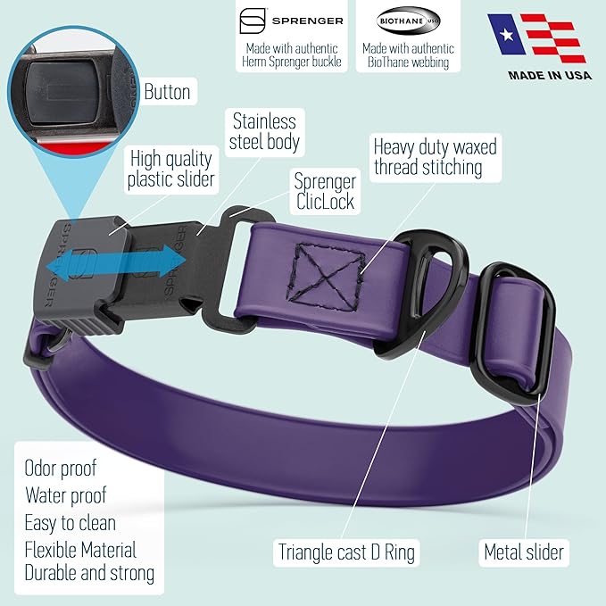 Dogline Biothane Waterproof Dog Collar with Herm Sprenger Stainless Steel Quick Release Buckle – Heavy Duty Tactical Durable Collar for Dogs – Comfortable and Safe Pet Collar, W 3/4" L 12-19", Purple