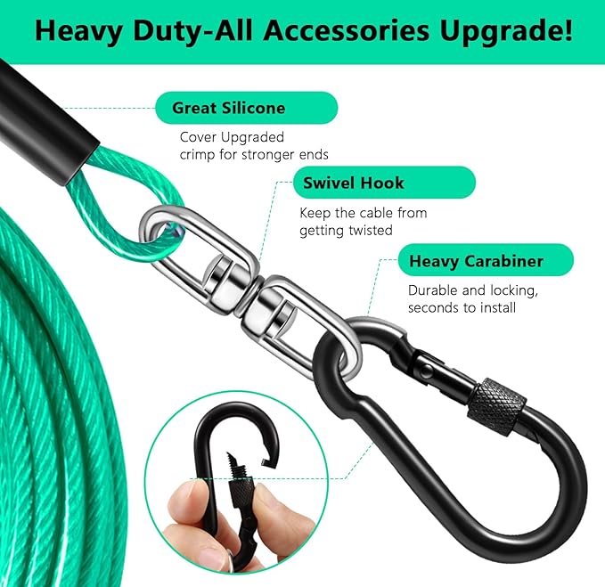 Dog Tie Out Cable 20FT-500Lbs,Heavy Duty Dog Leads&Tether for Yard with Swivel Hook,Small Large Dogs Leash Line for Outside,Rust Chew Proof Dogs Run Cable for Outdoor Camping (Green Cyan, 20FT)