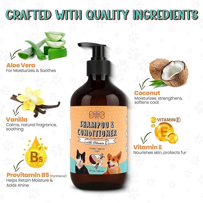 POM Pets 2-in-1 Organic Dog Shampoo & Conditioner – Itchy Skin Relief, Dog Deshedding, Detangles Fur, Cat Shampoo, Paw Cleaner for Dogs, Natural Coat Defense Formula