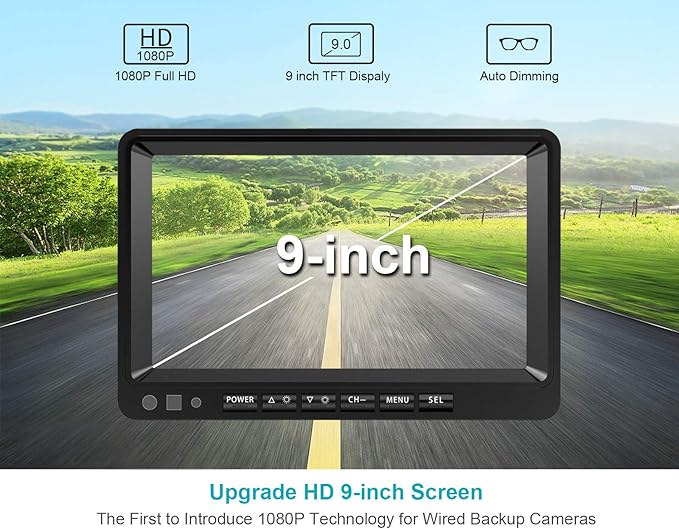 Fookoo Ⅱ HD Backup Camera System Kit, 9" 1080P Reversing Monitor+IP69 Waterproof Rear View Camera, Sharp CCD Chip, 100% Not Wash Up, Truck/Semi Trailer/Box Truck/RV (DY901-Wired)