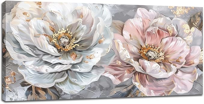Extra Large Flower Wall Art Pink and White Floral Canvas Living Room Golden Pictures Framed Prints Oversize Wall Decor Big Painting Artwork for Bedroom Dining Office Home 60"x30"
