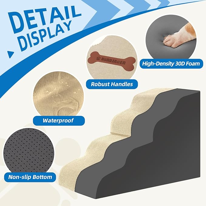 Dog Stairs for Small Dogs and Cats, 2 Steps Pet Stairs to Get on Couch Sofa and Chair, Indoor Non-Slip Balanced Portable Pet Step, High-Density Foam Ramp with Removable Washable Cover, Beige（11.8" H）