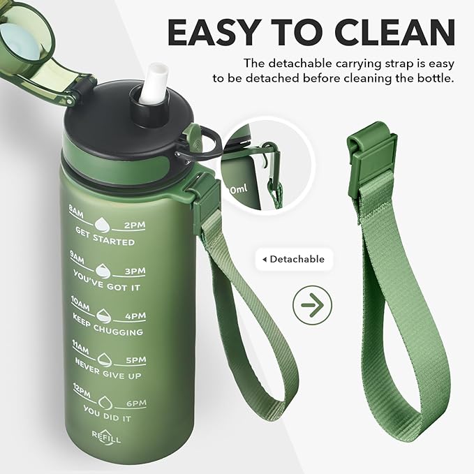 Enerbone Water Bottle, Leakproof BPA & Toxic Free, Motivational Water Bottle with Times to Drink and Straw, Fitness Sports Water Bottle with Strap for Office, Gym, Outdoor Sports