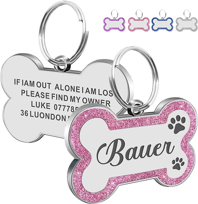 Dog Tags Personalized for Pets Dog Name Tags Personalized Dog Tag Engraved with Any Name & Text Custom Dog ID Tags Glitter Bone ID Tag for Puppy Cat (Pink S, Bone)