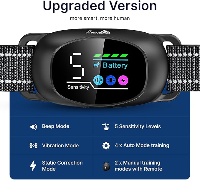 My Pet Command 2-1 Dog Bark Collar with Fob Remote Tag. Smart AI Anti Barking training collar rechargeable 5 sensitivity levels, Beep Vibration, static correction. large medium & small dogs Waterproof