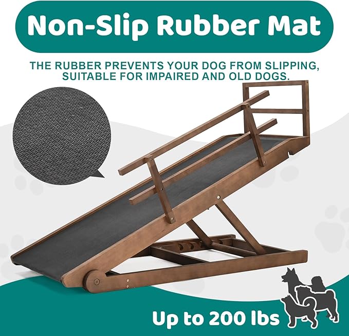 Dog Ramp for Bed, Adjustable Pet Ramps for Dog to Get on Bed, Non-Slip Rubber Surface - Folding Wooden Dog Ramp for Small/Large/Old Dogs, Adjustable up to 31 inch High Beds, Safety Railings