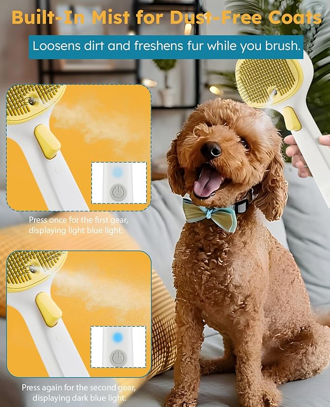 FURGO 3-in-1 Pet Steam Brush for Dogs & Cats – Reduces Static, Short-Pin Head for Short Hair, One-Click Release Button, Dog Spray Brush for Shedding Control (Short)