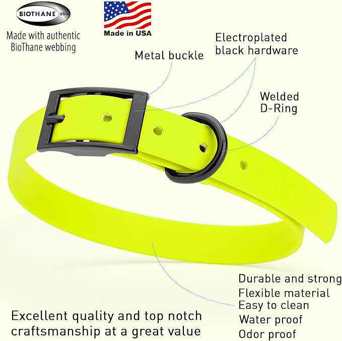 Dogline Biothane Waterproof Dog Collar Strong Coated Nylon Webbing with Black Hardware Odor- Proof for Easy Care Easy to Clean High Performance Fits Small Medium or Large Dogs, Safety Yellow