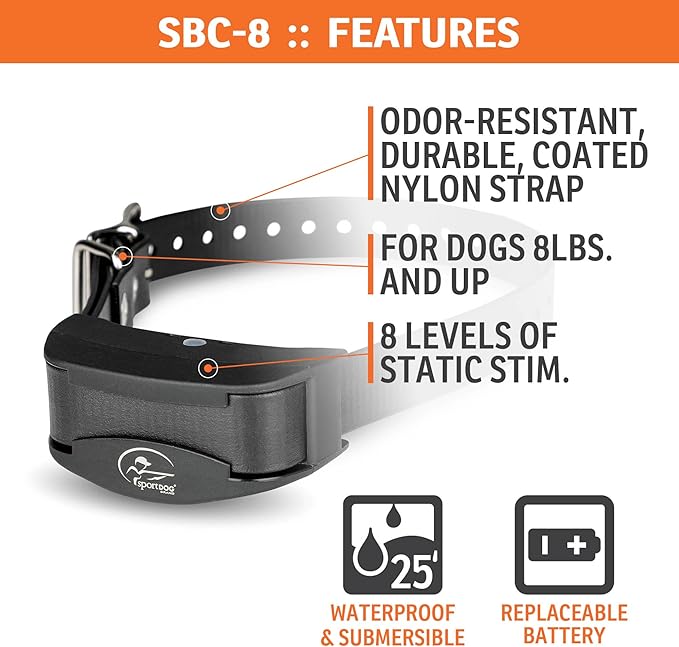 SportDOG Brand NoBark SBC-8 Bark Control Collar - Static Collar with Progressive Correction - Waterproof - Static Stimulation - Dogs 8 lbs & up
