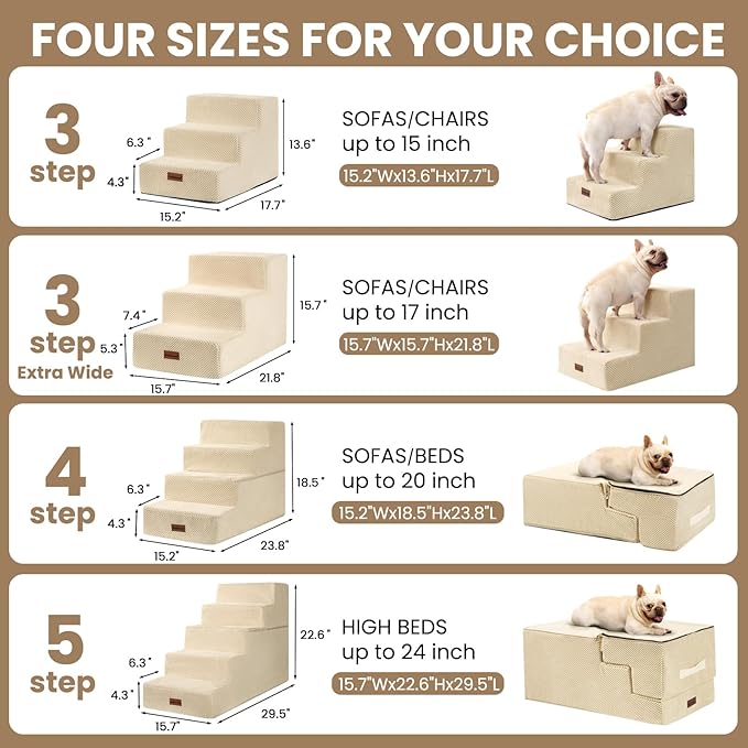 Dog Stairs for High Bed 22.6" H,5-Step Dog Steps for Small Dogs and Cats,Indoor Non-Slip Balanced Pet Stairs are Suitable for Puppy,Older Cat,Beige