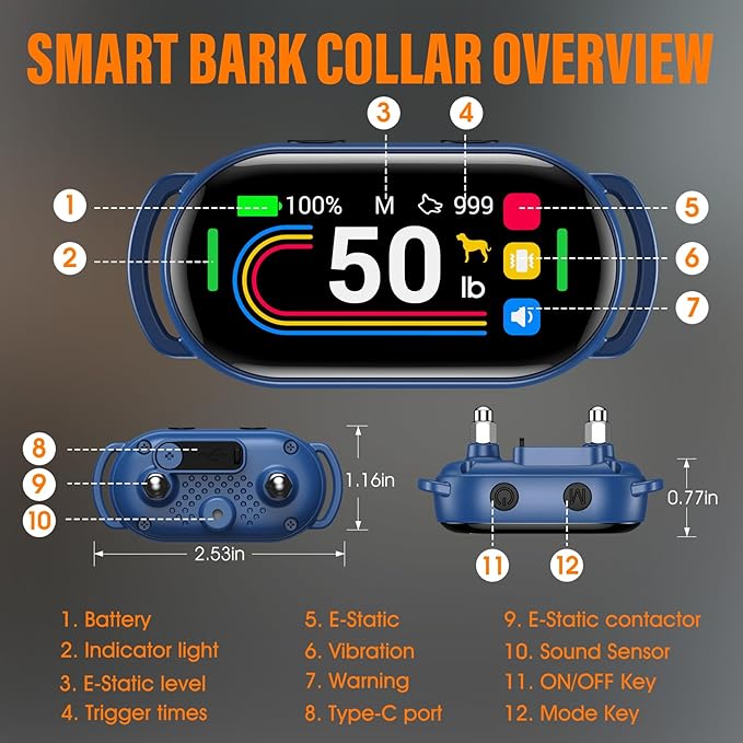 Smart Dog Bark Collar, for Small Medium Large Dogs 10-100lbs, Automatic Dog Training Collar to Decrease Barking, Anti Barking Device with 4 Training Modes, More 8 Sensitivity Levels, Blue