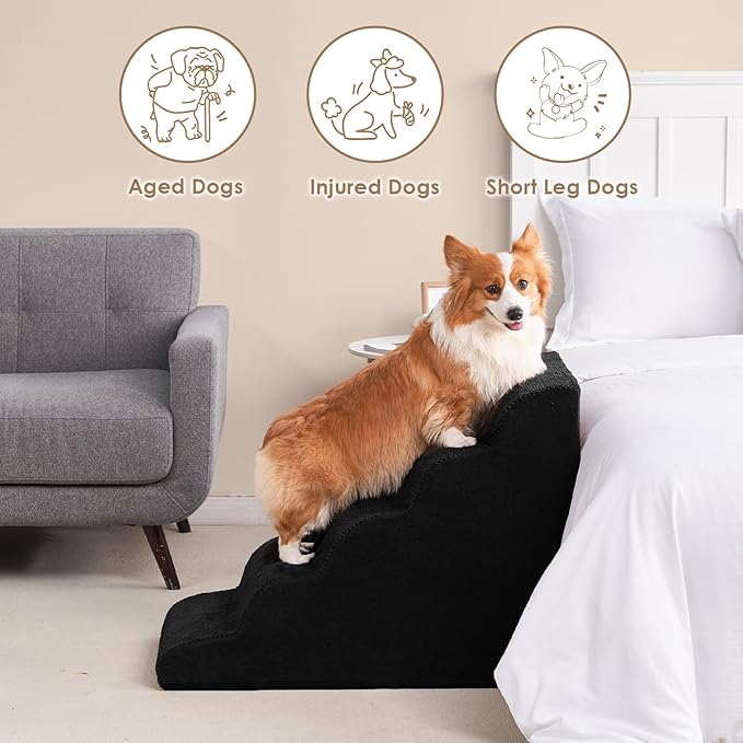 EHEYCIGA Curved Dog Stairs Ramp for High Beds, 5-Step Extra Wide Dog Steps for Small Dogs and Cats, Pet Stairs for High Bed Climbing, Non-Slip Balanced Pet Step Indoor, Black