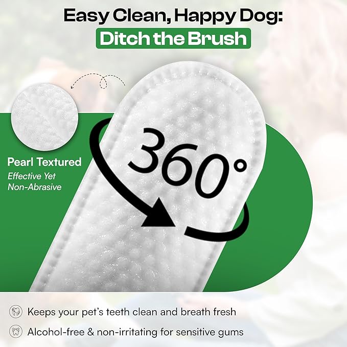 Dog Teeth Cleaning Wipes, Fights Plaque, Freshens Breath & Promotes Gum Health, No-Rinse Finger Toothbrush, Gentle & Naturally Safe, Completes Your Dog Tooth Brushing Kit, 50 Count