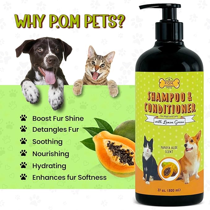 POM Pets 2-in-1 Organic Dog Shampoo & Conditioner – Itchy Skin Relief, Dog Deshedding, Detangles Fur, Cat Shampoo, Paw Cleaner for Dogs, Natural Coat Defense Formula