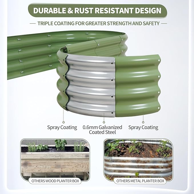 Galvanized Raised Garden Bed - 8x2x1FT Metal Planter Boxes Outdoor | Oval Steel Raised Bed Kit for Gardening with Protective Tape, Bracing Rods, Gloves for Vegetables, Flower, Herb (Green)