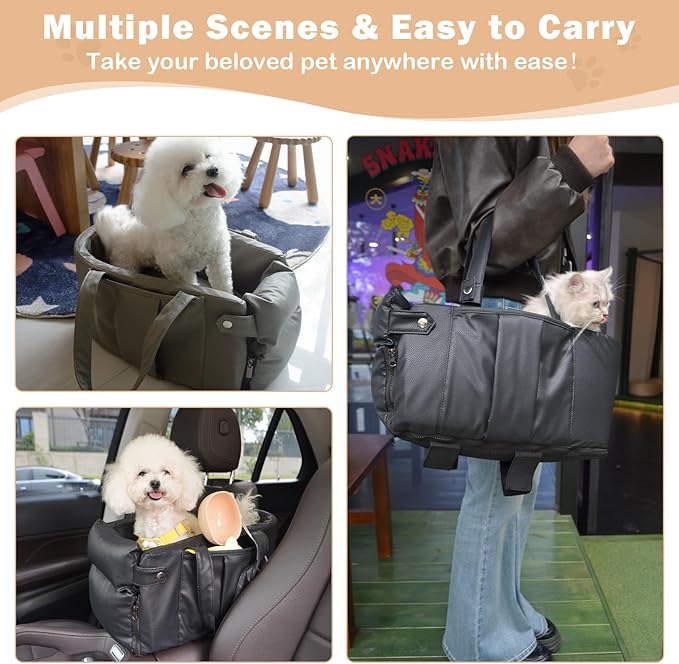 Dog Car Seat for Small Dogs, Large Leather Dog Car Bed with Storage Pocket, Waterproof PVC Leather Booster Seat Travel Bed for Front & Back Seat, Clip-On Safety Leash (Green/Brown)