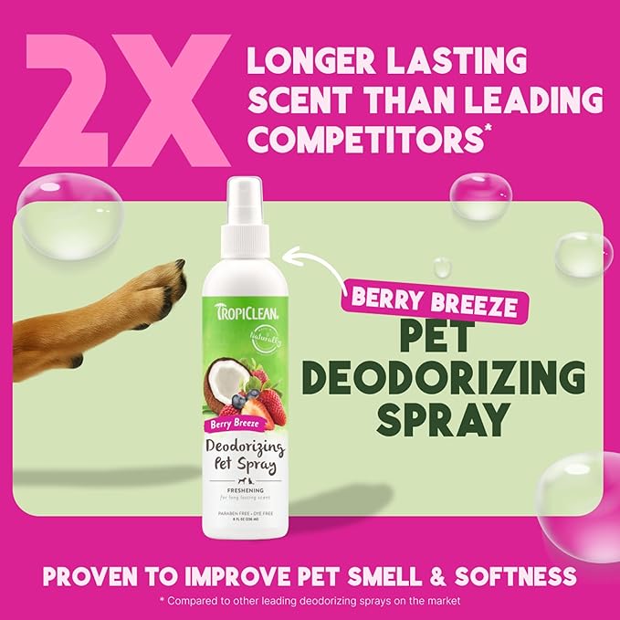 TropiClean Dog Perfume, Long Lasting Berry Cologne, Deodorizing Spray for Smelly Dogs, After Bath Detangling Spray with Vitamin E, Safe for Cats, 8oz.
