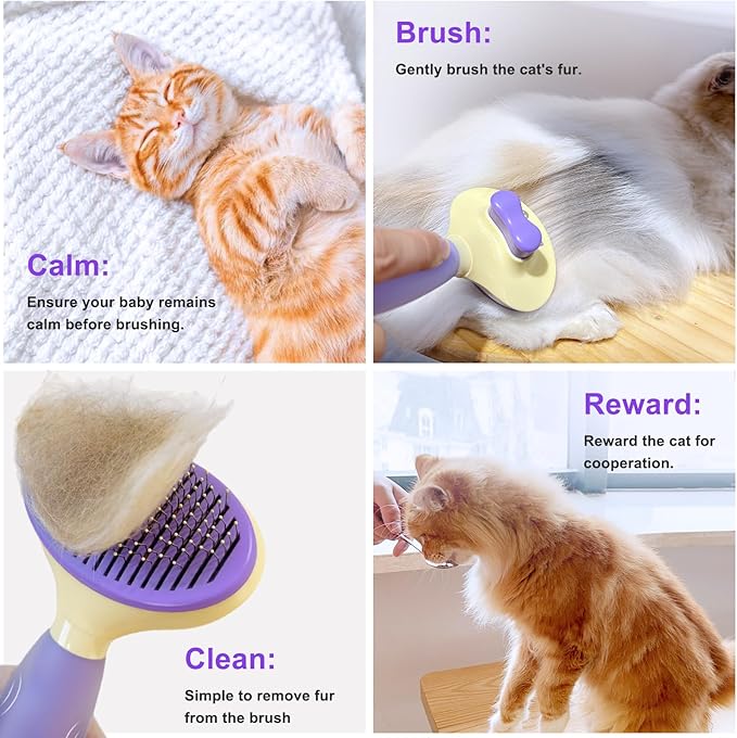 Cat Brush for Grooming and Shedding, Self-Cleaning Silicone Brush for Short and Long Haired Cats, Cat Gifts for Pet Lovers (purple)