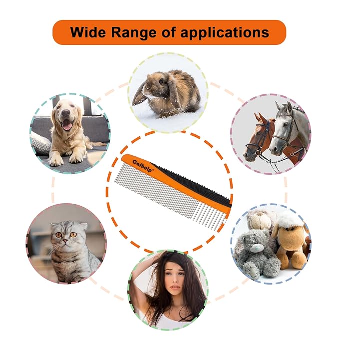 Metal Dog Comb and Cat Comb with Rounded Ends, Smooth Stainless Steel Teeth, Non-Slip Grip Handle for Removing Tangles and Knots in Greyhounds and Other Pets