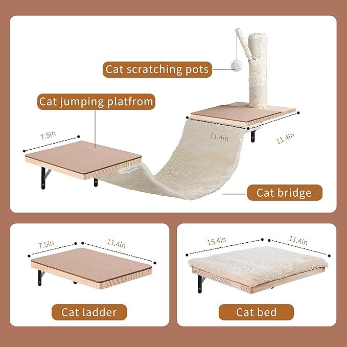 Wall Mounted Cat Climber Set, Cat Wall Shelves,Cat Wall Furniture Set,with Hammock,Jumping Boards,Sofa,Steps,Scratching Post,Hanging Ball and Felt Pads, Suit for Cats Climb, Jump,Scratch-Beige