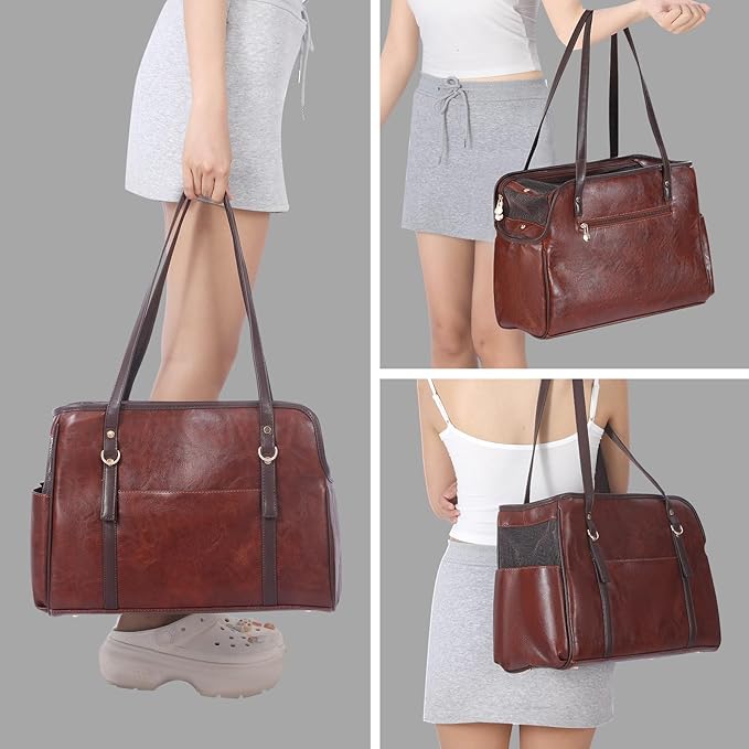 Dog Carrier Purse, Fashion Leather Pet Carrier with Pockets, Airline Approved Soft Sided Dog Carrying Bag for Puppy Cat Dog Coffee