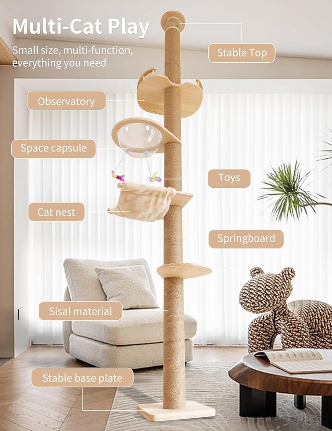 Floor-to-Ceiling Cat Tree with Natural Sisal Rope Scratching Post - Adjustable Height (55-119 Inches) - Modern Cat Activity Tree, Cat Scratcher Post
